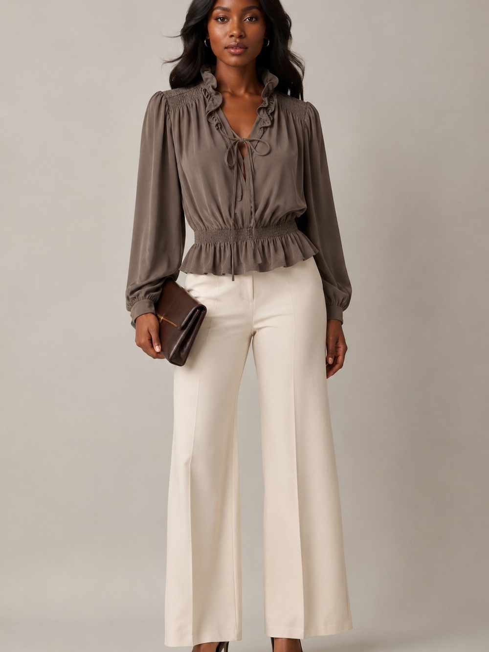 Rebecca Taylor Ruffled Tie-Neck V-Cut Blouse in Taupe